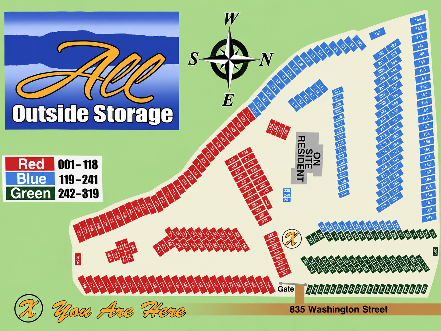 All Outside Storage facility map showing numbered red, blue and green parking spots